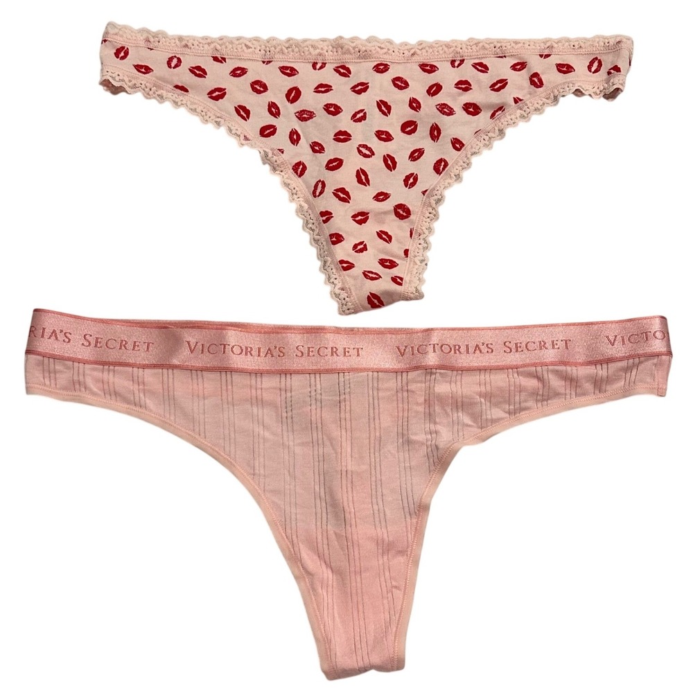 Victoria's Secret XL Thong Panty Bundle 2pk Pink Lip Print & Logo Ribbed NEW